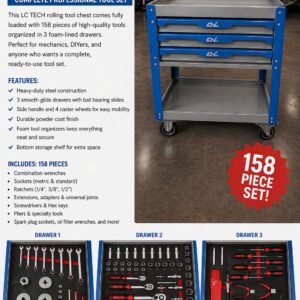 LC TECH 158 Piece 3 Drawer Tool Chest Complete Professional Tool Mechanic Socket