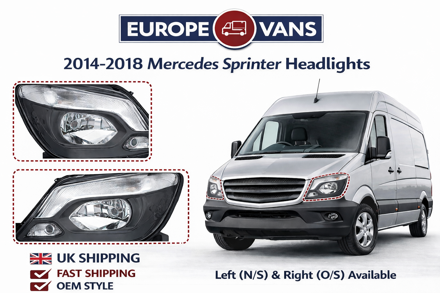 Sprinter Headlight Left Right Mercedes 2014 2018 Headlights Left Right OS NS - imagine 2
