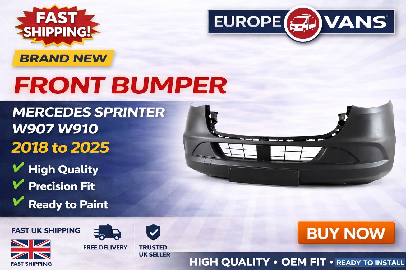Sprinter Front Bumper 2018 2025 Mercedes W907 W910 NO PDC FOG LIGHTS 9108850000