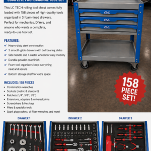 LC TECH 158 Piece 3 Drawer Tool Chest Complete Professional Tool Mechanic Socket