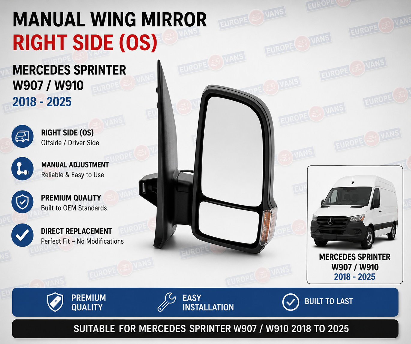 Sprinter W907 Wing Mirror Manual 2018 2025 Right Side OS W907 W910 RHD UK