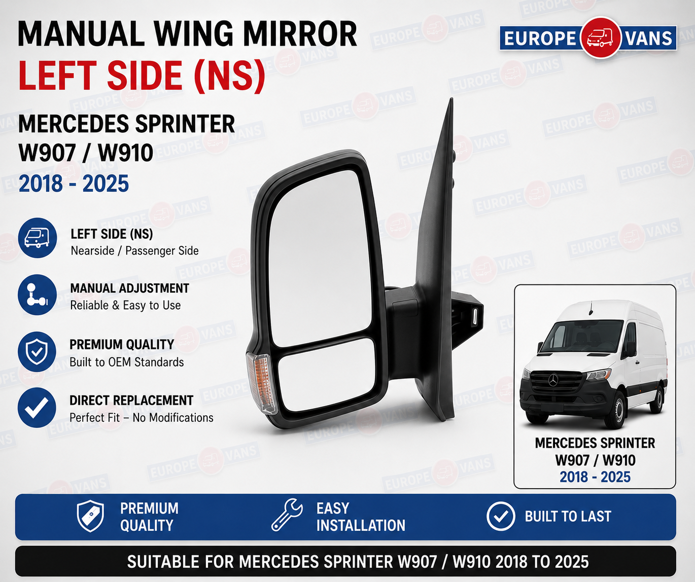 Sprinter W907 Wing Mirror Manual 2018-2025 Left Side NS W907 W910 RHD UK