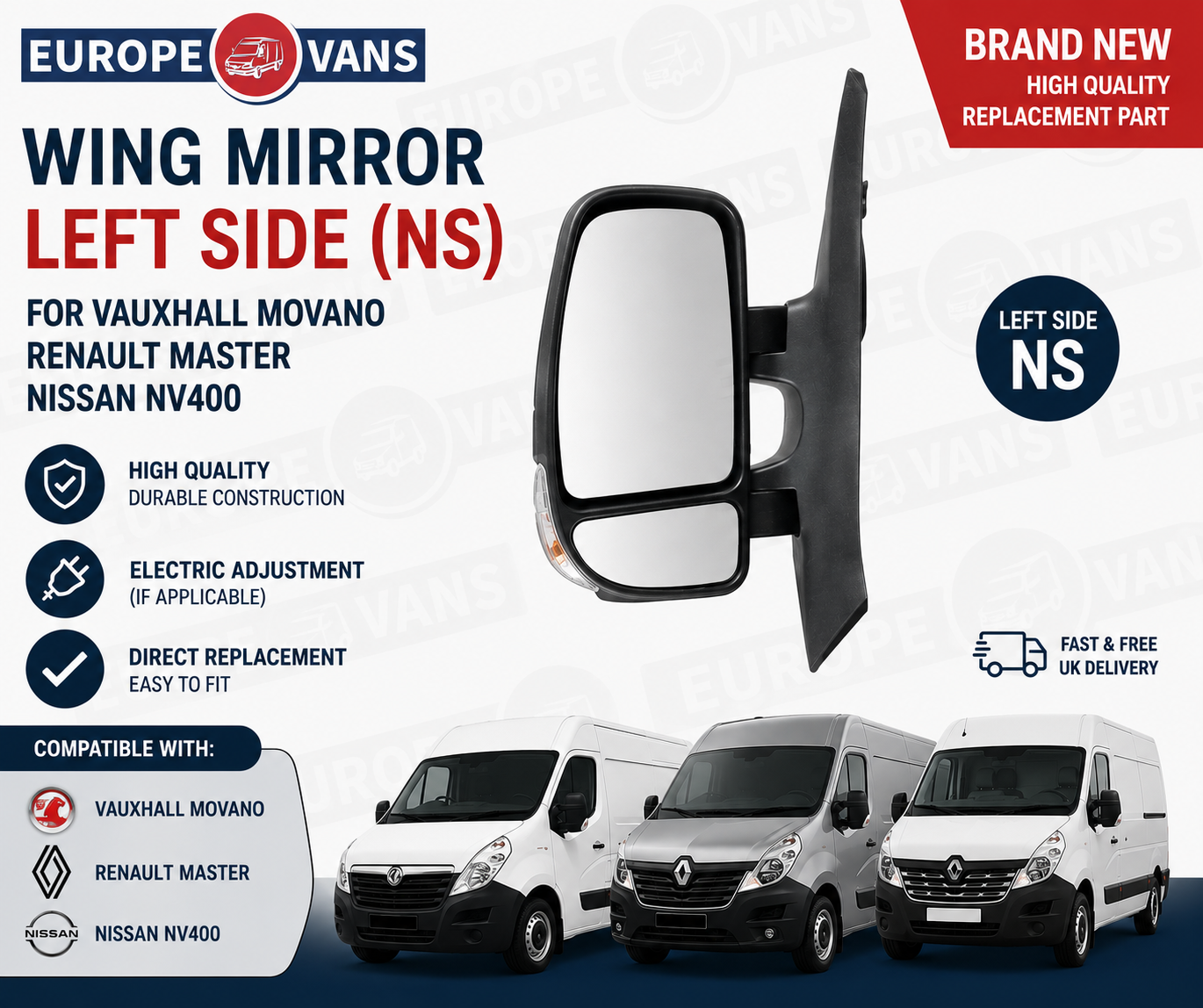 Vauxhall Movano Master NV400 Wing Mirror 2010 2023 Electric Left Side NS