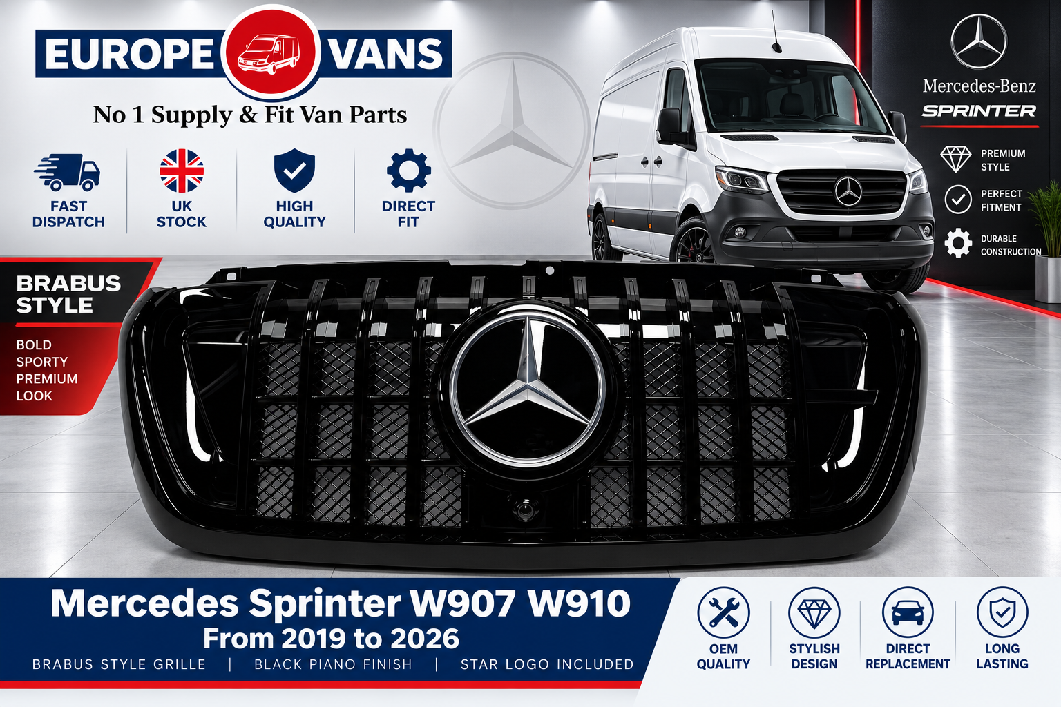 Mercedes Sprinter W907 W910 2019 2026 Front Grille Brabus Style Piano Black